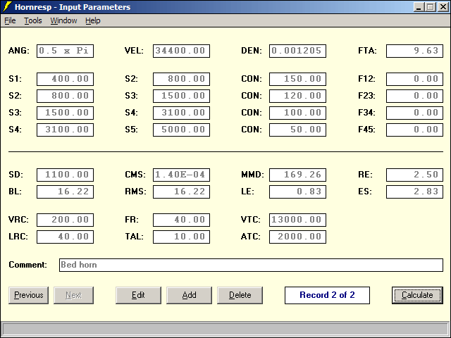 Hornresp input parameters page