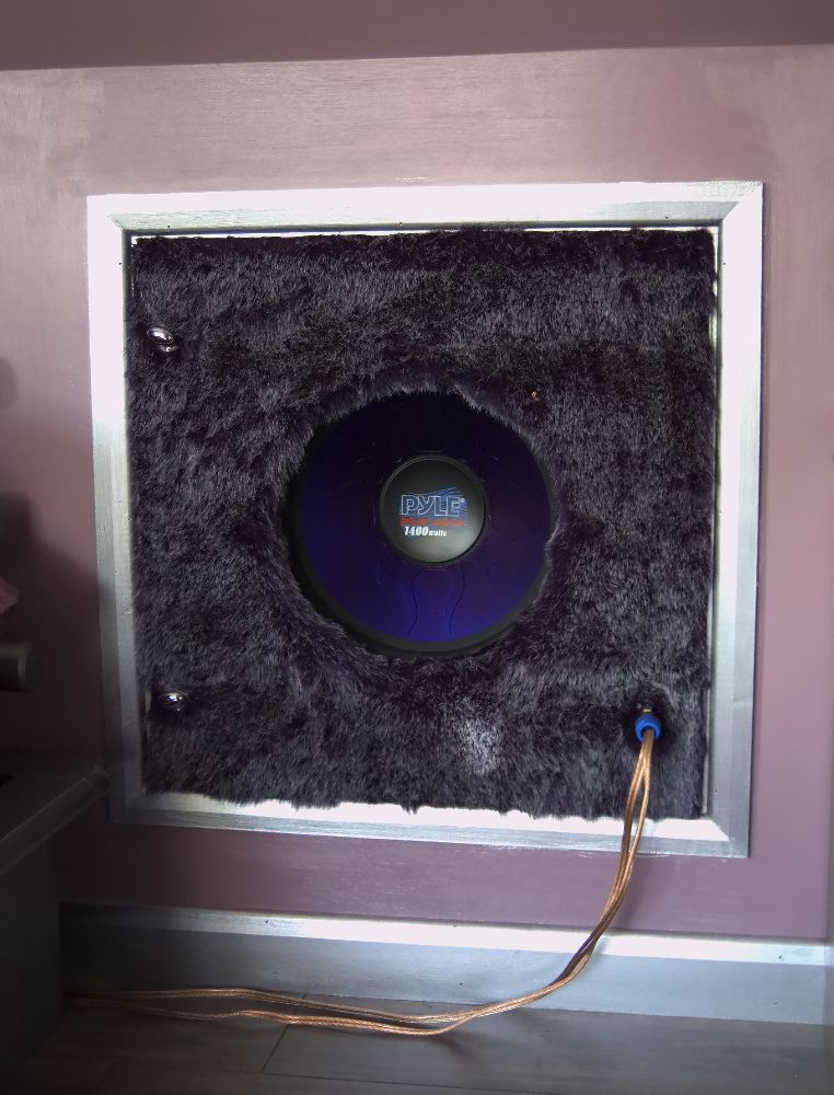 A small square door with a subwoofer in the middle.