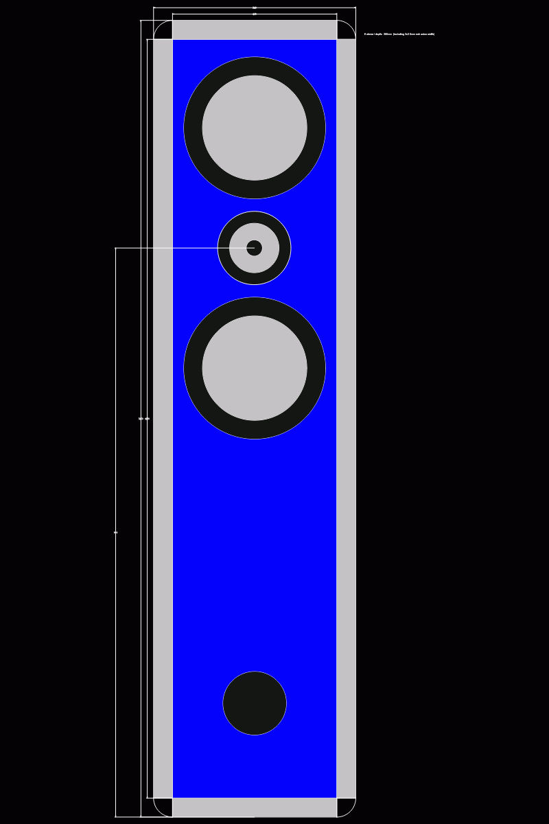 Front view of one speaker enclosure. It's very tall, with the drivers at the top, and a port at the bottom.