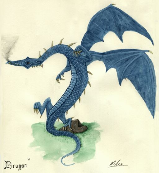 A serpentine dragon, poised on one hind leg with wings outstretched.
